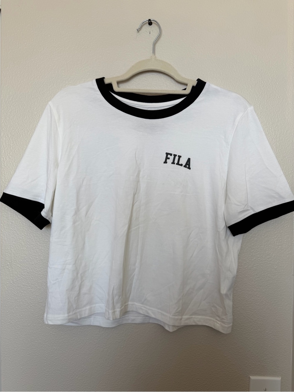 FILA White Cropped Ringer Tee with Black Trim